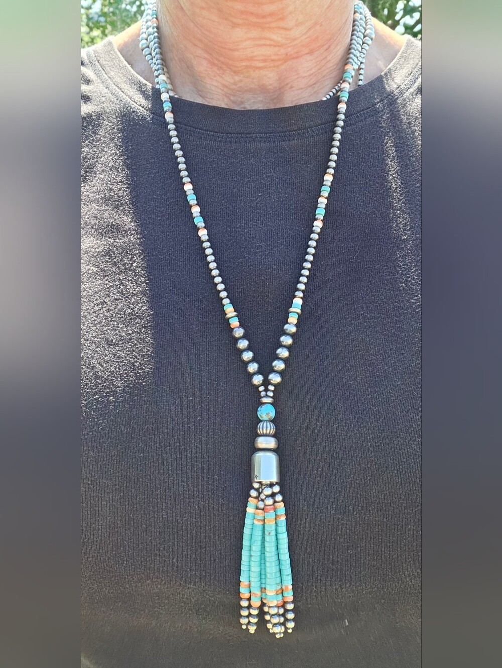 Navajo Pearls Turquoise And Spiny Oyster Beads Tassel Necklace